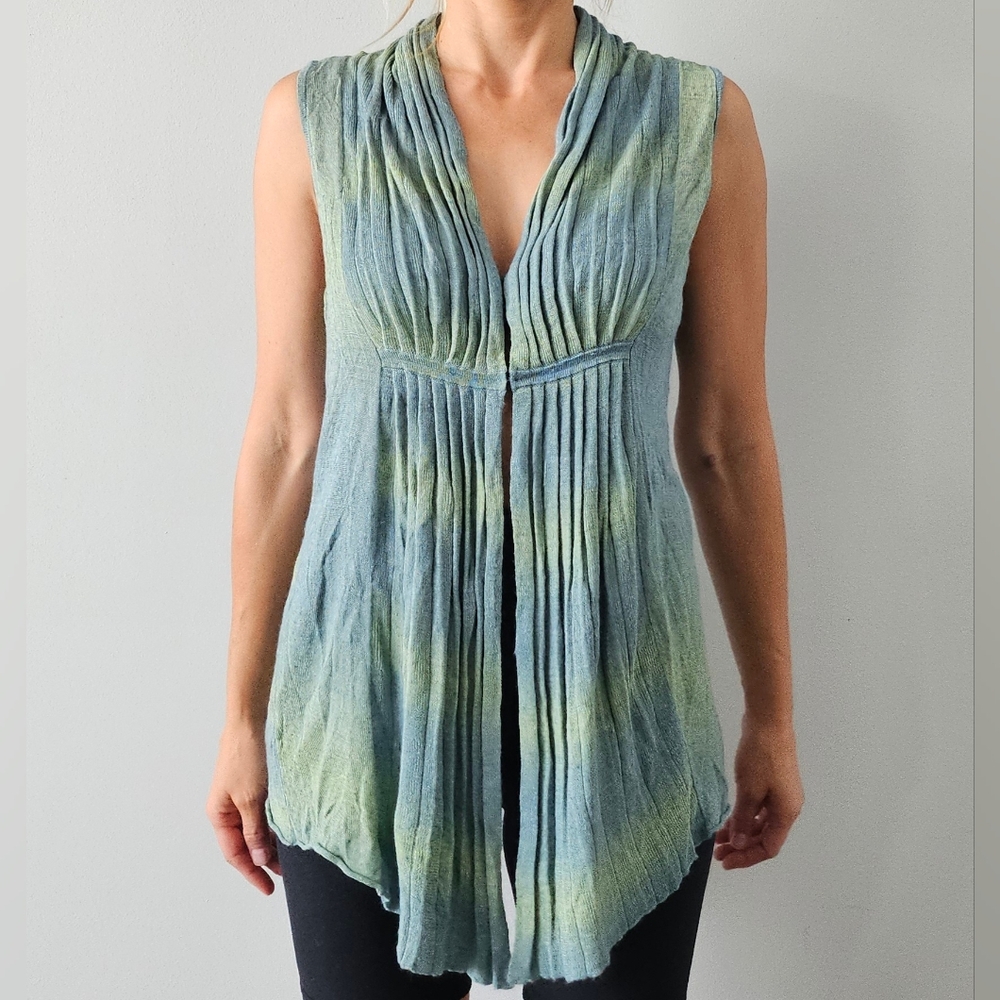 Margaret O’Leary Striped Tie Dye Linen Blend Knit Sz M Vest Green Blue